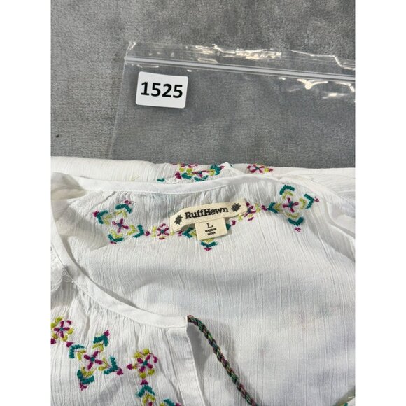 Ruff Hewn Womens Blouse Large Boho Embroidered Cold Shoulder Short Sleeve Tassel - Picture 14 of 16